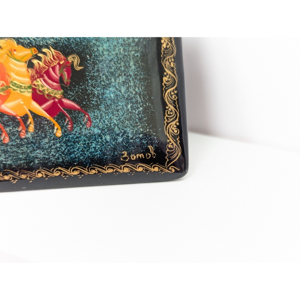 Vtg Handpainted Russian Trinket Box Lacquer Mstera Signed Horses Troika Sleigh - Picture 4 of 16